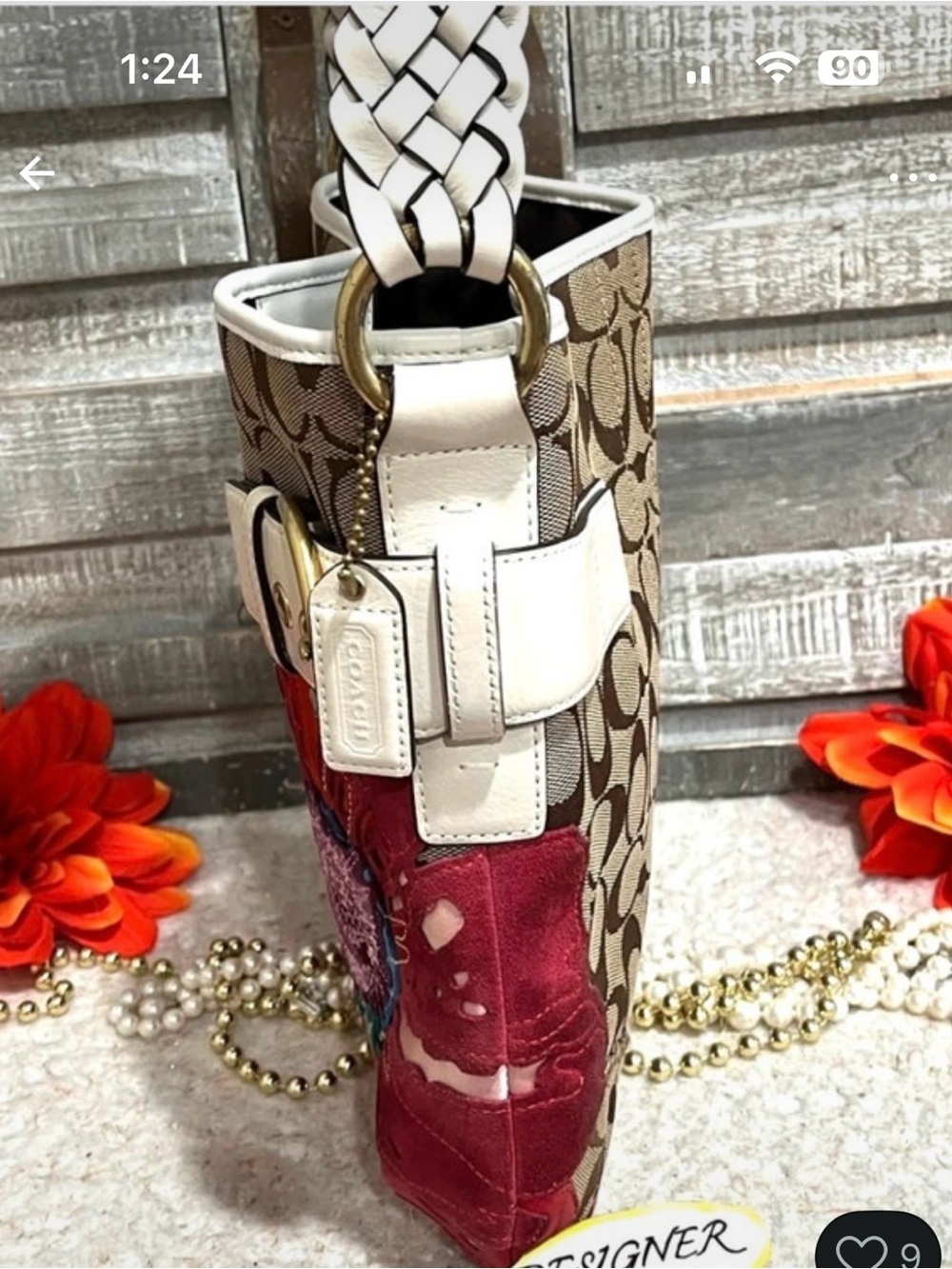 Coach Signature Canvas Shoulder Bag with Red Floral Applique limited edition - Picture 9 of 12